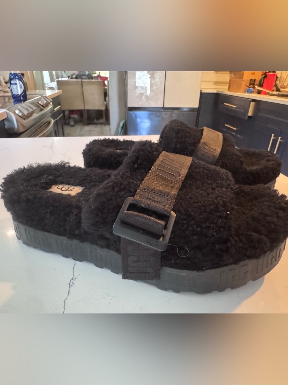 UGG Black Fuzzy Slide Sandals Slippers with Buckle Strap
